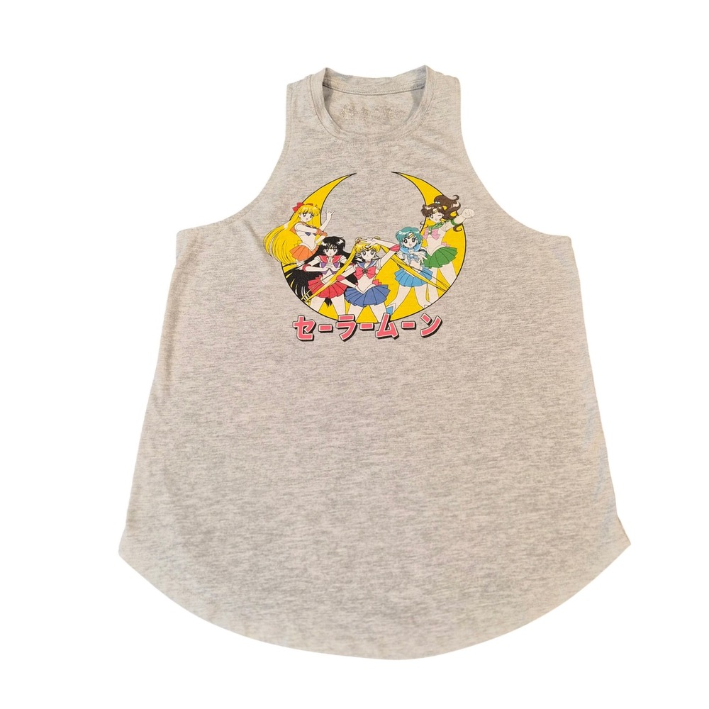 Sailor Moon Graphic Tank Top Gray Anime Muscle Tee Sailor Guardians Curved Hem L